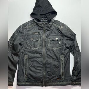 Men’s Buckle Black Full Zip Hooded Moto Style Coat Size Large Slim Fit, Charcoal